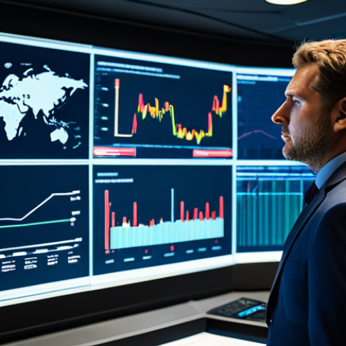 A highly focused professional supply chain manager, dressed in a modest business suit, stands in a sophisticated, dimly lit control room. Large, translucent screens surround them, displaying intricate data visualizations of global logistics networks, real-time analytics, and predictive models. The manager's gaze is thoughtful, analyzing potential disruptions and optimization opportunities. The scene conveys strategic decision-making and preparedness in a dynamic environment. Perfect anatomy, correct proportions, well-formed hands, proper finger count, natural body proportions, natural pose. Professional photography, high quality, fully clothed, appropriate attire, modest clothing, safe for work, appropriate content, professional dress, family-friendly.