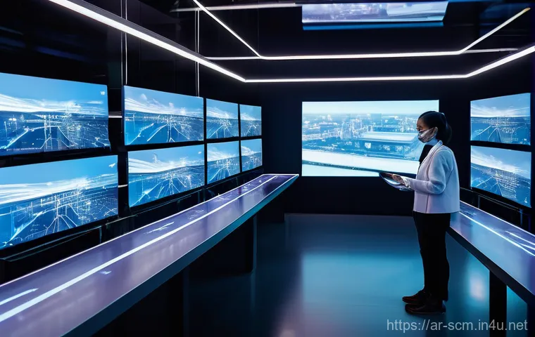 공급망관리와 글로벌 물류 트렌드 - **Prompt:** A bustling, futuristic smart logistics hub at twilight. Large, transparent holographic s...
