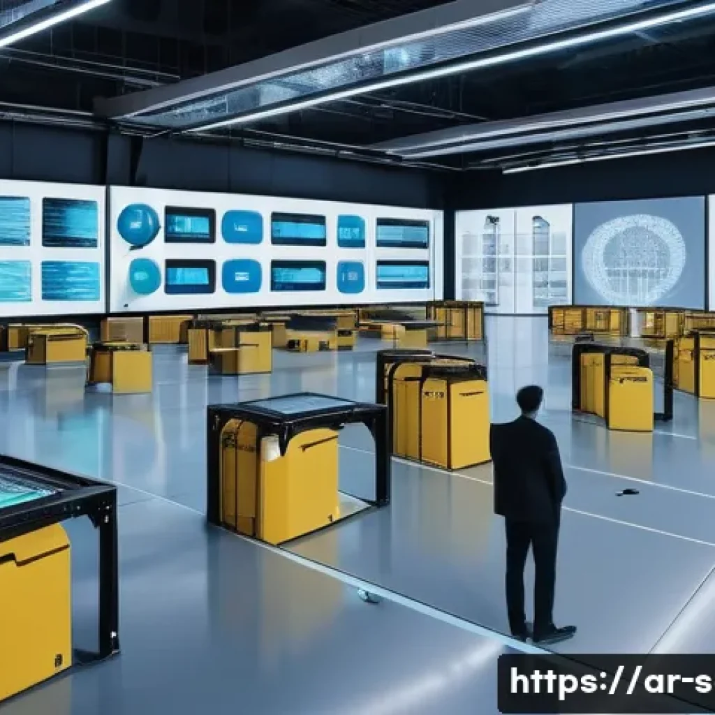 공급망관리 직무의 주요 도전과 기회 - **Prompt:** A futuristic, ultra-modern smart warehouse bathed in soft, ambient light. The scene show...