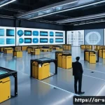 공급망관리 직무의 주요 도전과 기회 - **Prompt:** A futuristic, ultra-modern smart warehouse bathed in soft, ambient light. The scene show...