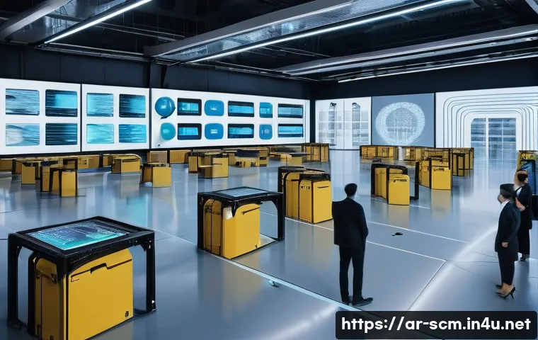 공급망관리 직무의 주요 도전과 기회 - **Prompt:** A futuristic, ultra-modern smart warehouse bathed in soft, ambient light. The scene show...