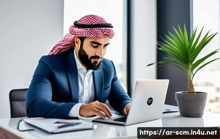 공급망관리 전문가의 일과 삶의 균형 - A professional Middle Eastern man in his early 30s wearing smart casual attire, sitting at a modern ...