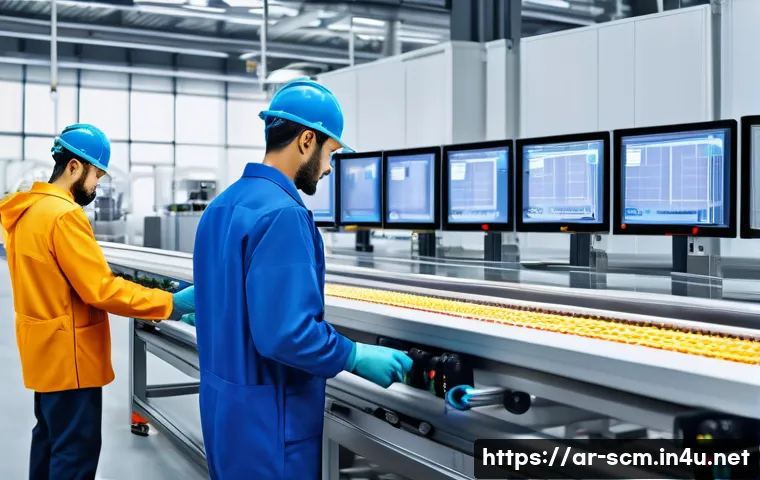 공급망관리와 Lean Manufacturing - A modern industrial factory interior showcasing an organized production line with workers in appropr...