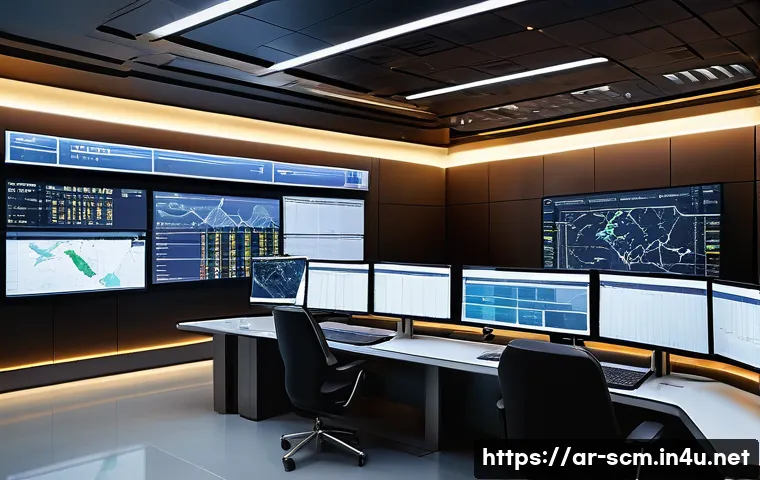 공급망관리 실습과 학습 자료 - A highly detailed, modern logistics control room in a Middle Eastern setting, featuring large digita...