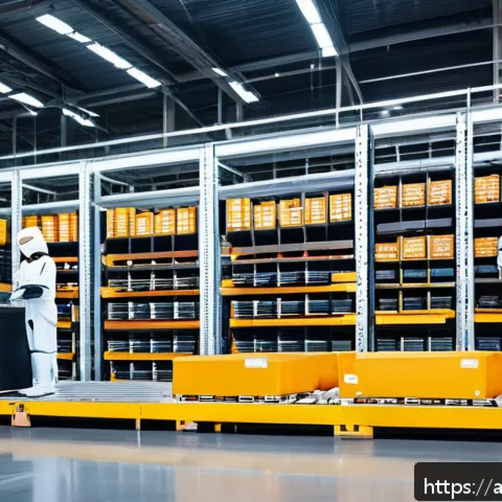 공급망관리에서의 물류 네트워크 구축 - A high-tech logistics warehouse interior showcasing advanced automation: sleek robots efficiently so...