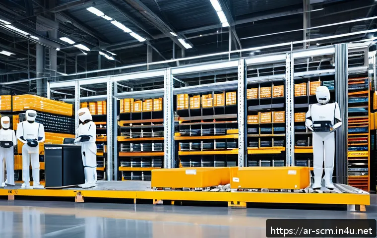 공급망관리에서의 물류 네트워크 구축 - A high-tech logistics warehouse interior showcasing advanced automation: sleek robots efficiently so...
