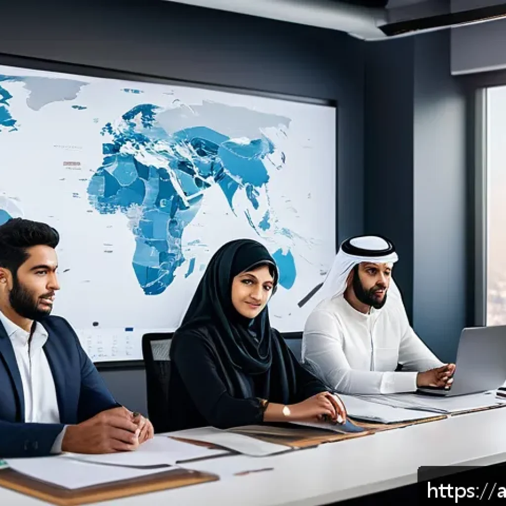 SCM에서의 문화적 차이 관리 - A professional multicultural logistics team in a modern office setting, diverse Arab men and women d...