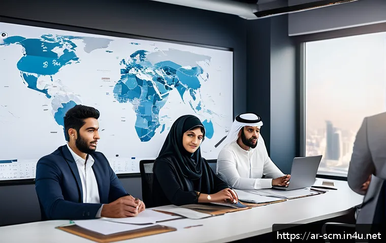 SCM에서의 문화적 차이 관리 - A professional multicultural logistics team in a modern office setting, diverse Arab men and women d...