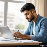 SCM 실기시험 대비 방법 - A focused young Arab man studying Supply Chain Management at a tidy desk in a well-lit, modern home ...