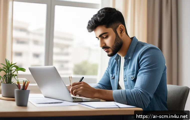 SCM 실기시험 대비 방법 - A focused young Arab man studying Supply Chain Management at a tidy desk in a well-lit, modern home ...