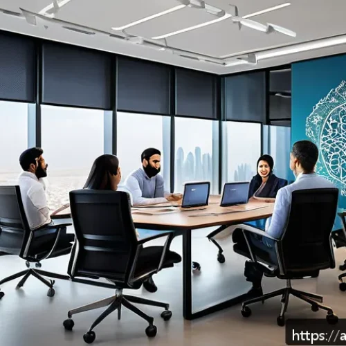 공급망관리와 조직 협력 기술 - A modern Middle Eastern office environment with diverse teams collaborating enthusiastically around ...