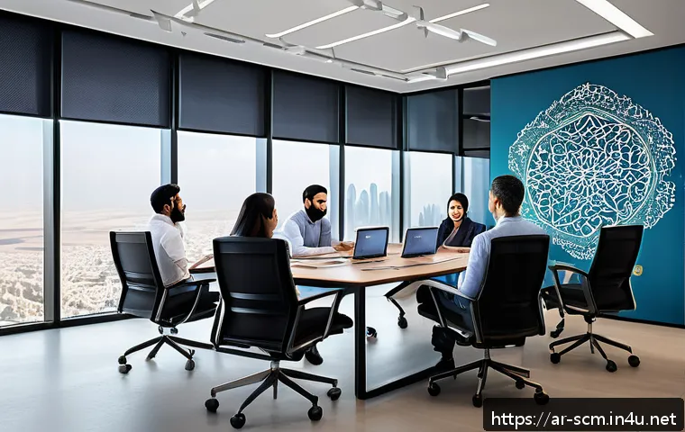 공급망관리와 조직 협력 기술 - A modern Middle Eastern office environment with diverse teams collaborating enthusiastically around ...