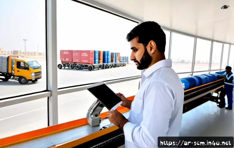 SCM와 e커머스의 연결점 - Photorealistic modern e-commerce fulfillment center in a Gulf Arab city, an Arab logistics manager i...