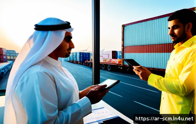 공급망관리와 비즈니스 성과 향상 - Photorealistic modern supply chain management scene in a Gulf-region logistics office, Arab business...