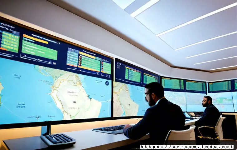공급망관리와 물류 네트워크 최적화 - Photorealistic modern supply chain control room in a Gulf-region logistics company, diverse Arab pro...