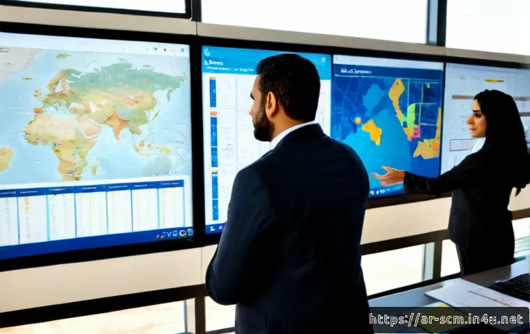 공급망관리와 고객 데이터 분석 - Photorealistic modern supply chain control room in a Gulf-region logistics company, a diverse Arab b...