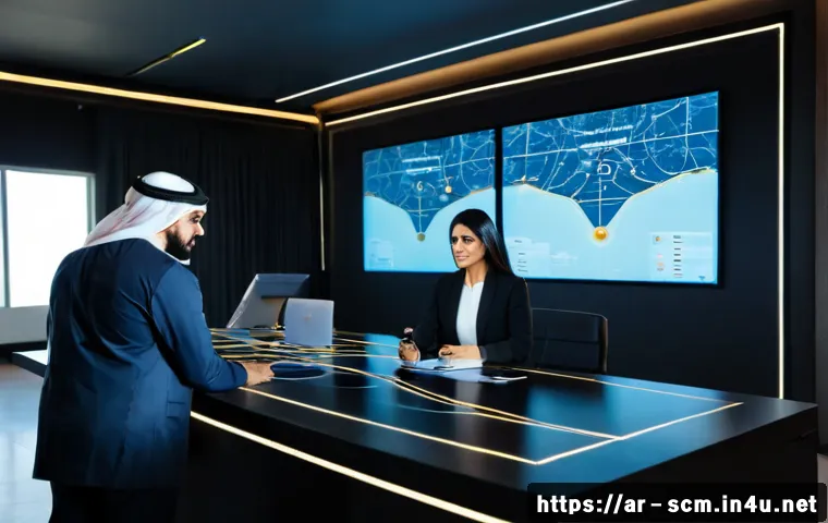 공급망관리와 AI 기술의 접목 - Photorealistic modern supply chain control room in Dubai, Arab logistics manager in modest business ...