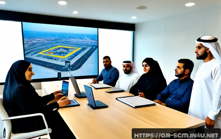 SCM 실무에서의 성공적인 협업 사례 - Photorealistic supply chain collaboration meeting in a modern Gulf-region logistics office, diverse ...
